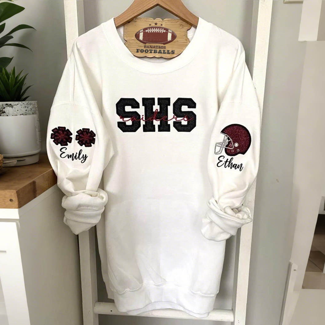 Custom Embroidered Cheerleading Helmet Football Mom Sweatshirt With Child's Name On Sleeve