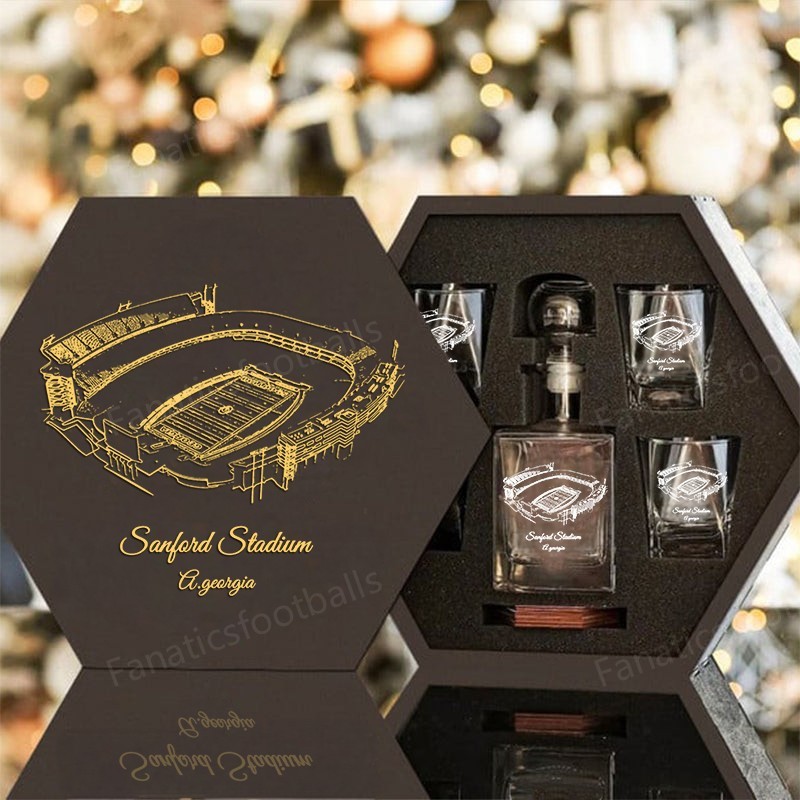 Custom Stadium Whiskey Set (Wooden Box + Decanter + 4 Glasses + 4 Coasters), Bourbon Whiskey, Christmas Gift