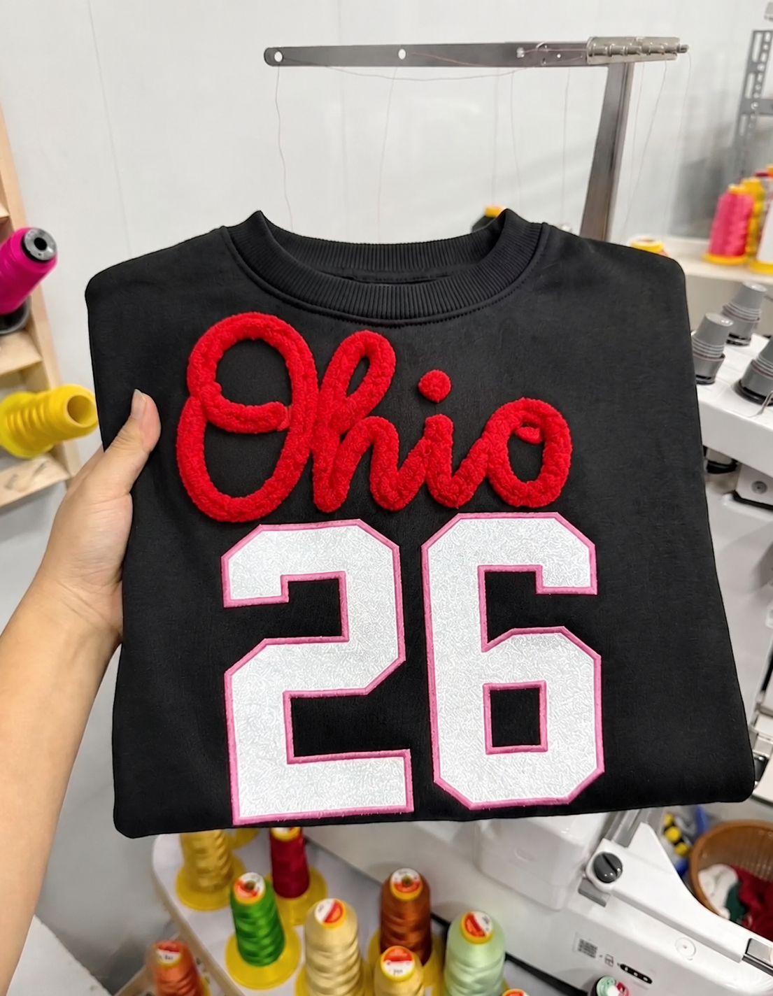 Custom Yarn Embroidered Team Name, Glitter Number Crewneck, Personalized Sports Sweatshirt, Game Day Hoodie