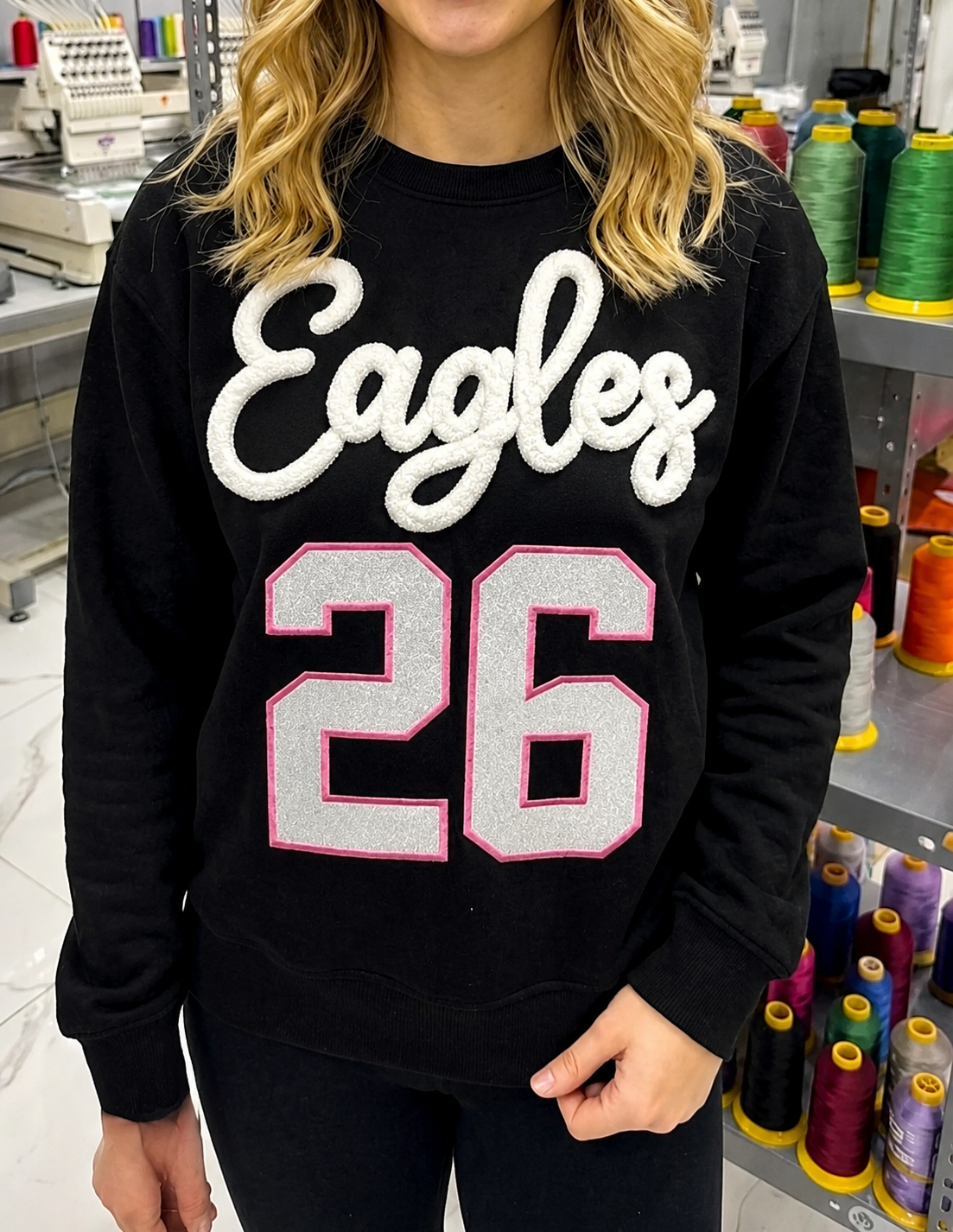 Custom Yarn Embroidered Team Name, Glitter Number Crewneck, Personalized Sports Sweatshirt, Game Day Hoodie