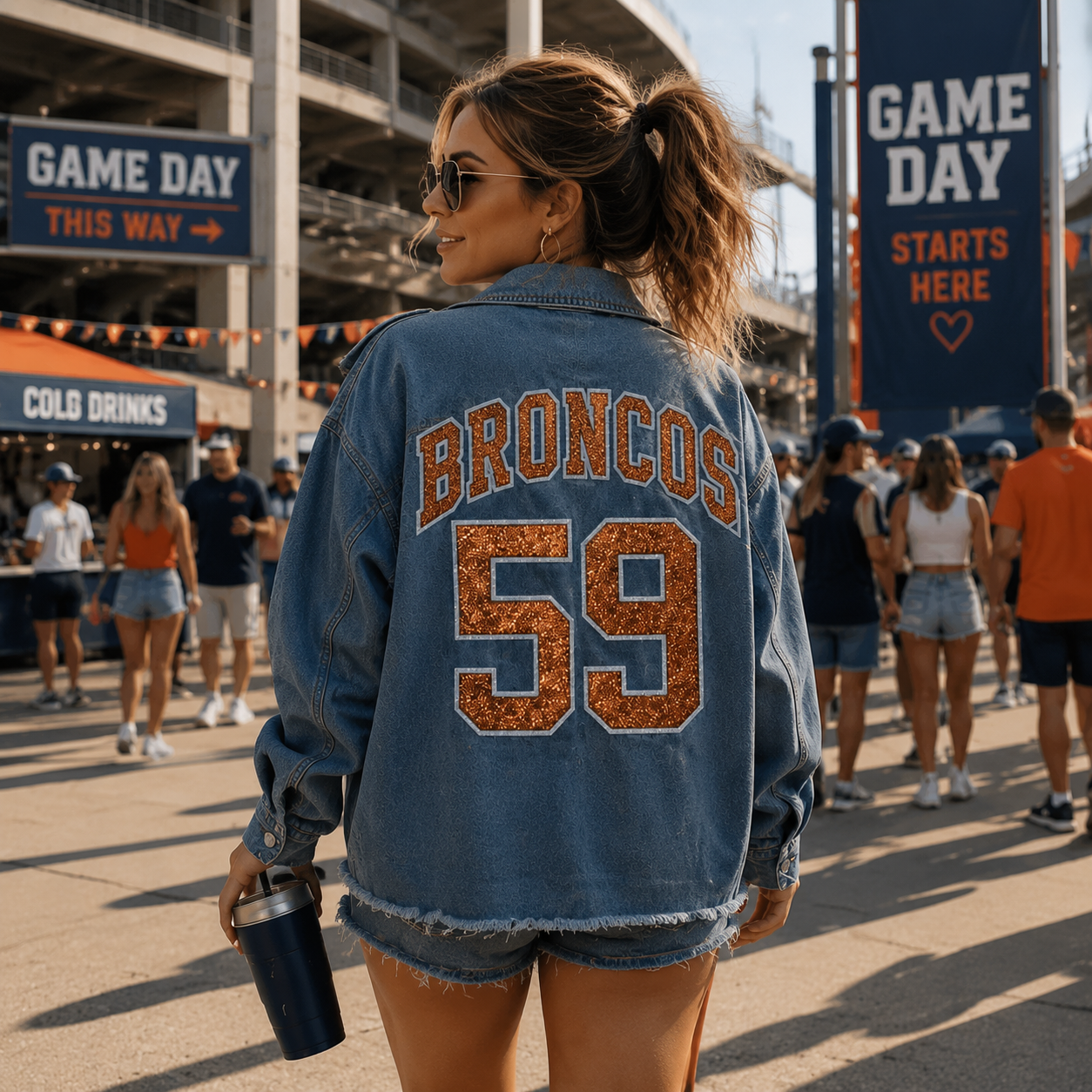 Custom College Game Day Denim Jacket, Personalized Varsity Letter Jacket with Sequin Number, Tailgate Outfit for Football Fans