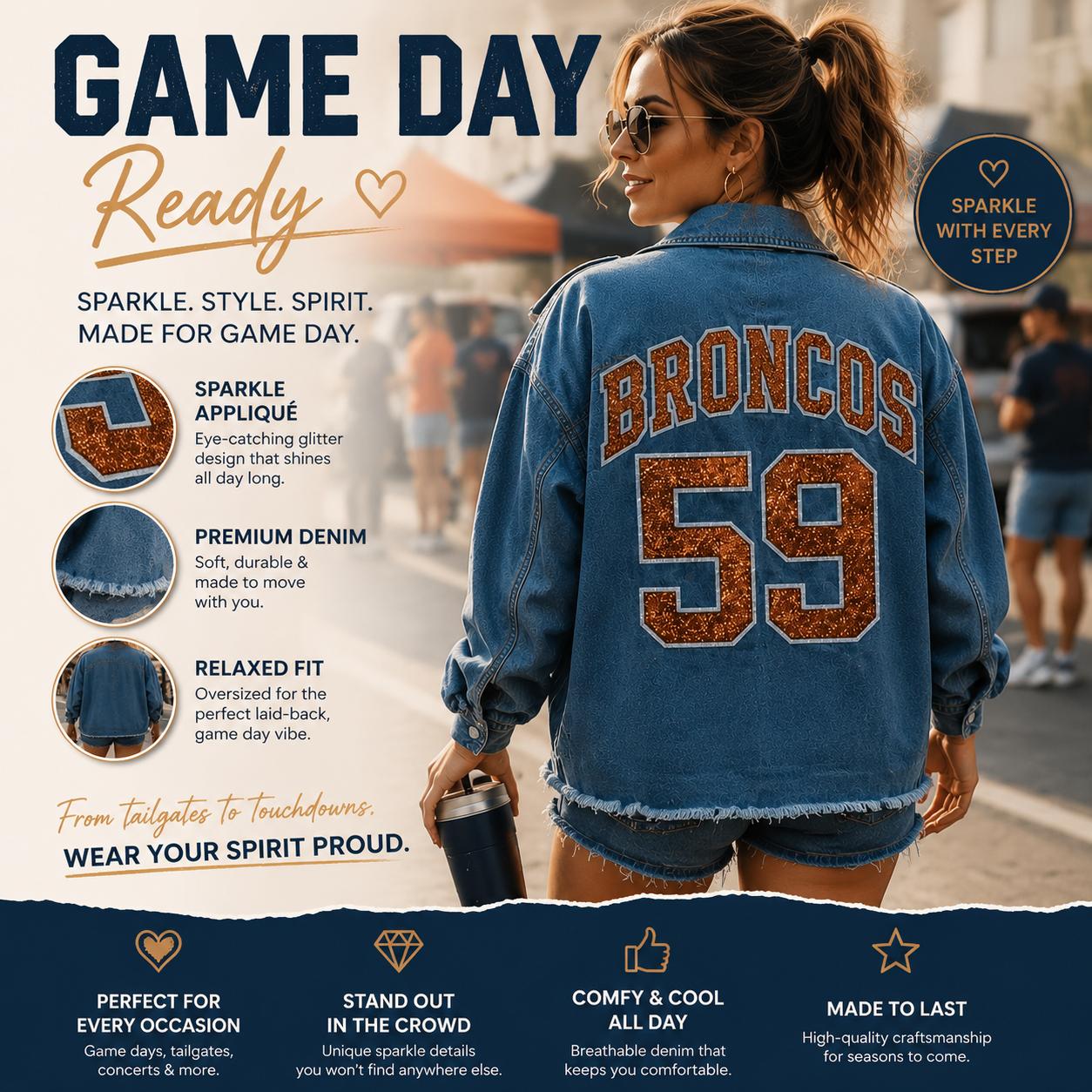 Custom College Game Day Denim Jacket, Personalized Varsity Letter Jacket with Sequin Number, Tailgate Outfit for Football Fans