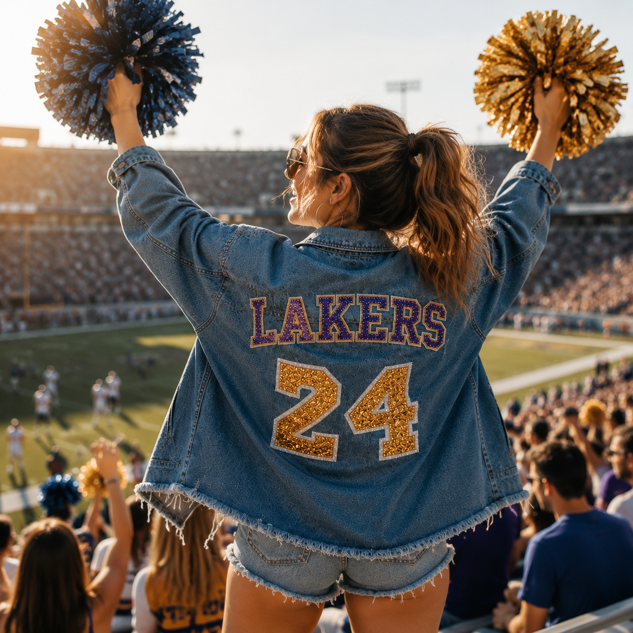 Custom College Game Day Denim Jacket, Personalized Varsity Letter Jacket with Sequin Number, Tailgate Outfit for Football Fans
