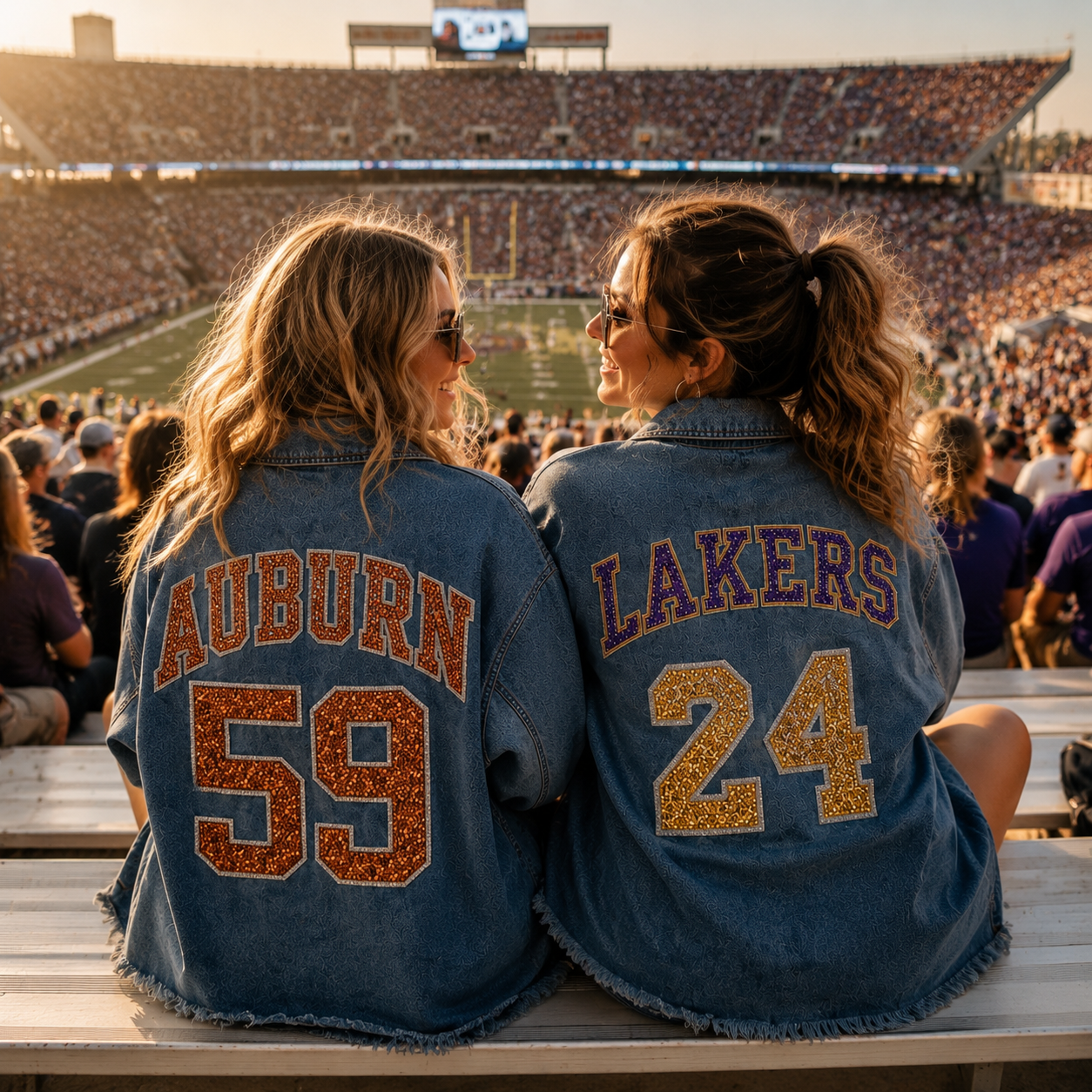 Custom College Game Day Denim Jacket, Personalized Varsity Letter Jacket with Sequin Number, Tailgate Outfit for Football Fans