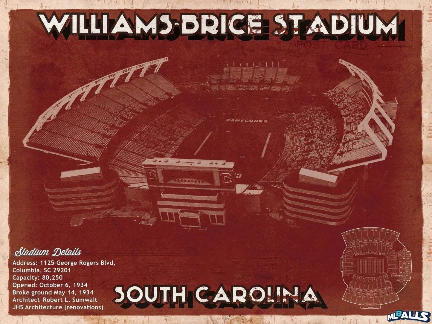 Williams-Brice Stadium Art Vintage Blueprint Art Chart