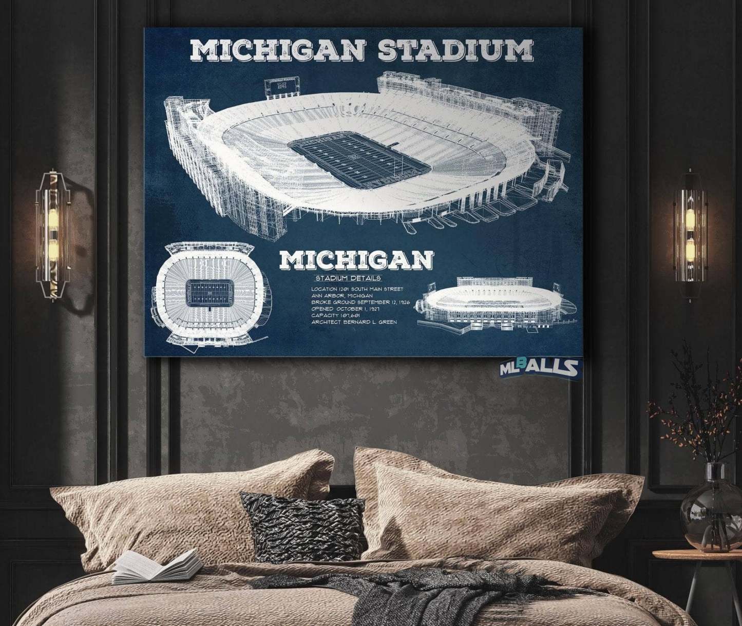 Michigan Stadium Vintage Stadium Blueprint Art Print