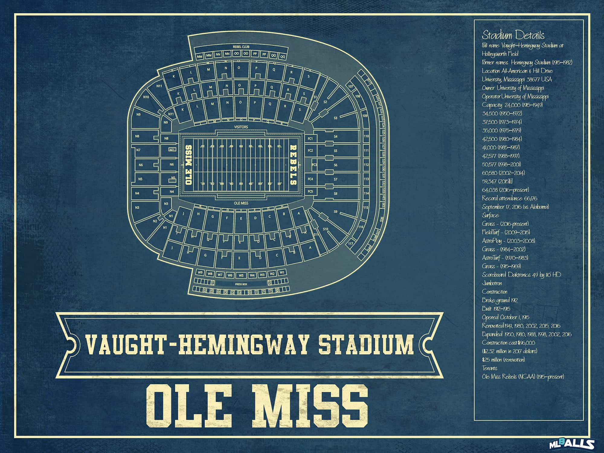 Vaught-Hemingway Vintage Stadium & Blueprint Art Print