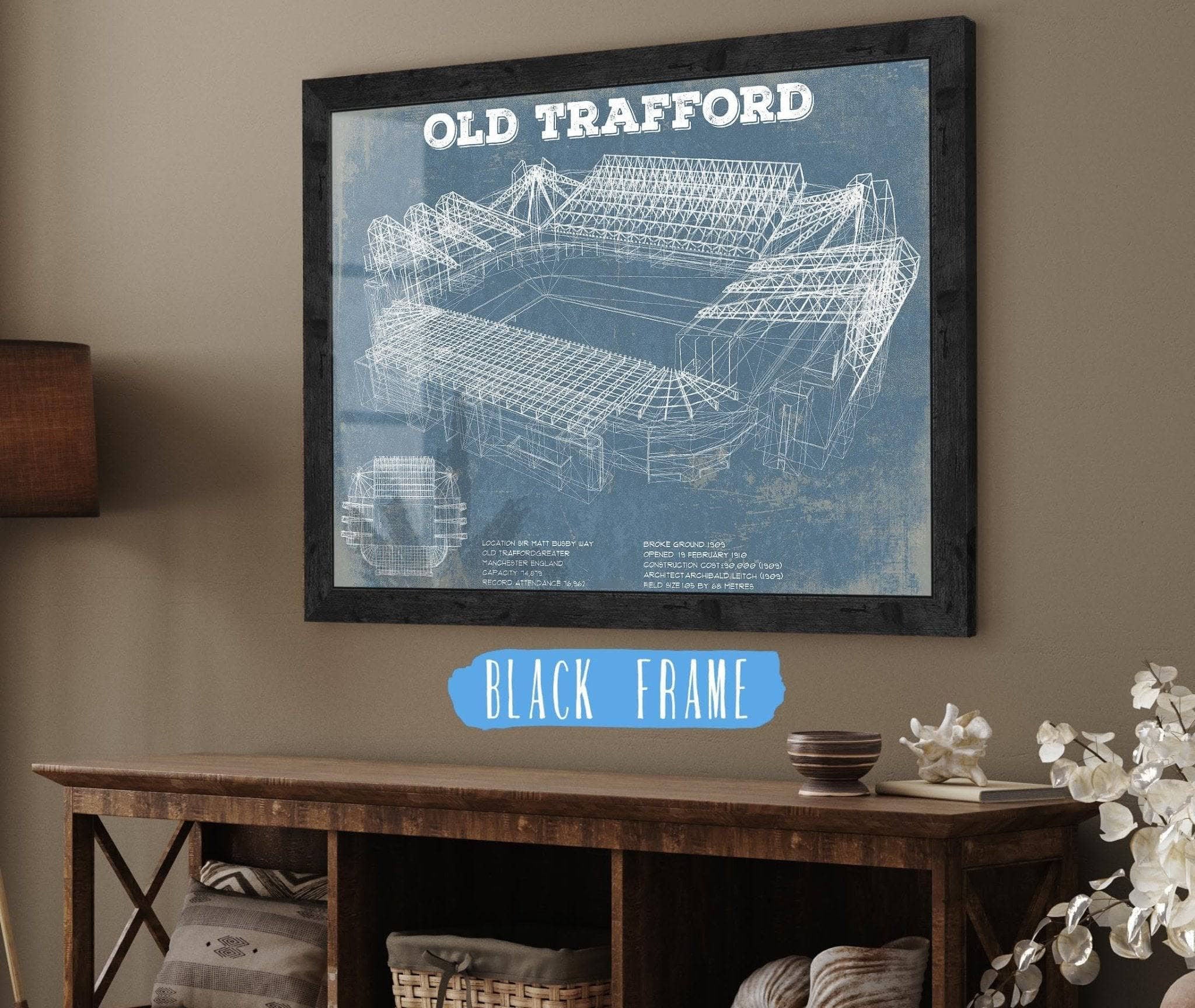 Old Trafford Stadium Blueprint Vintage Soccer Print