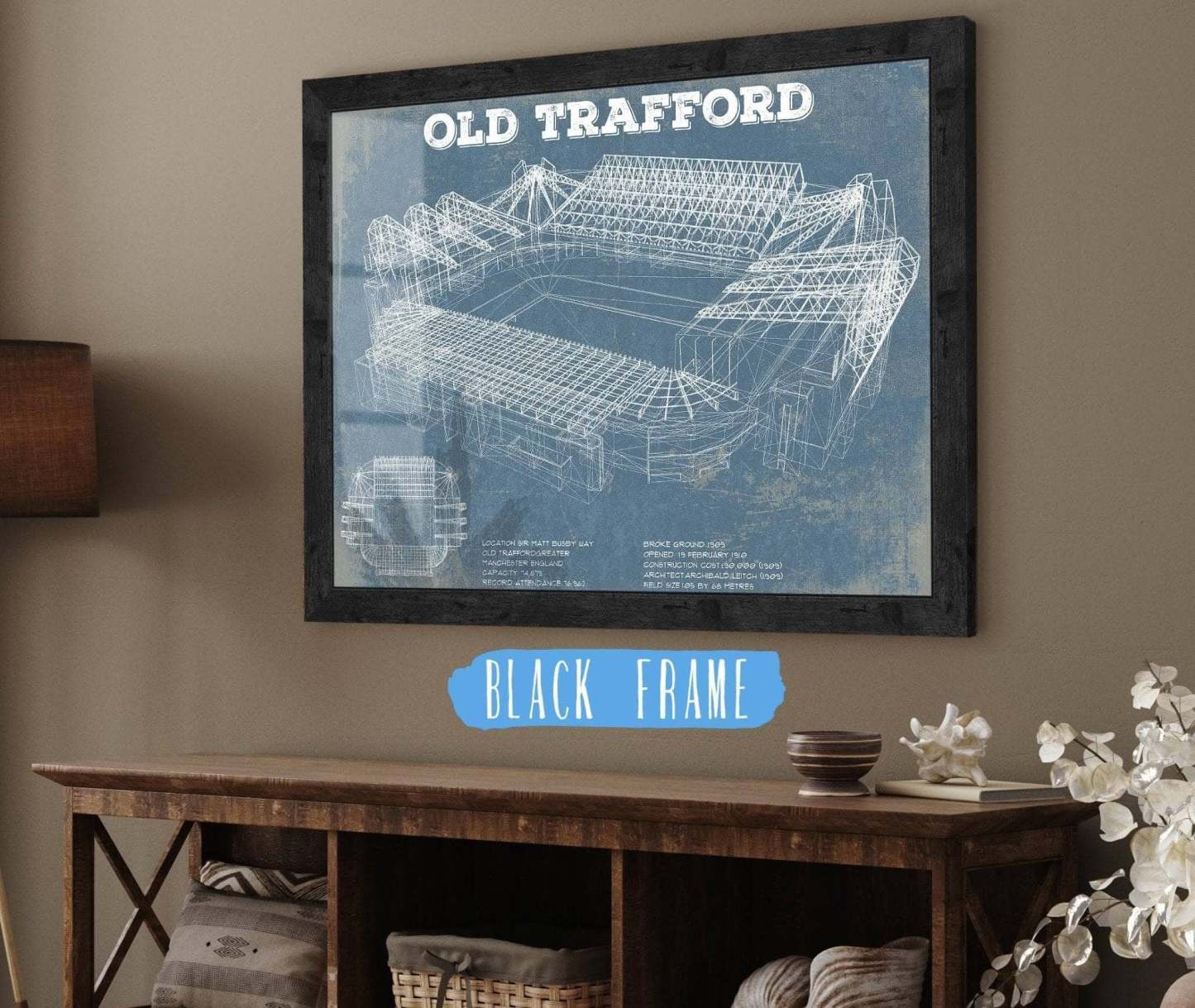 Old Trafford Stadium Blueprint Vintage Soccer Print