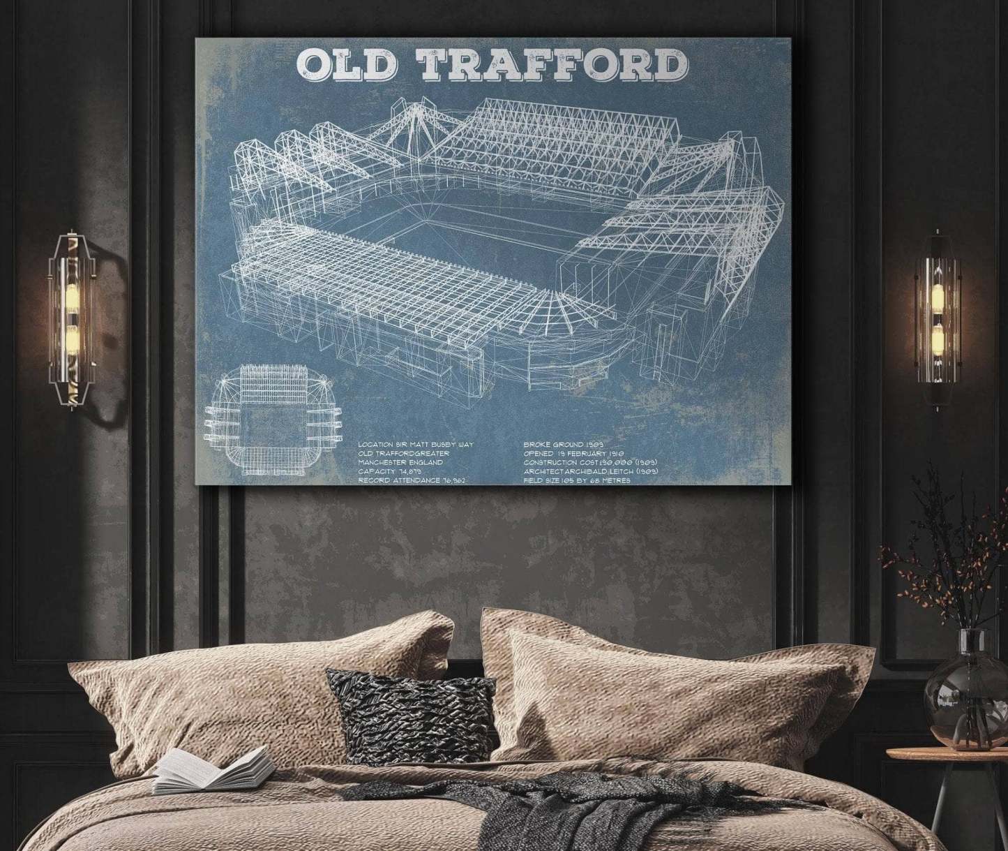 Old Trafford Stadium Blueprint Vintage Soccer Print