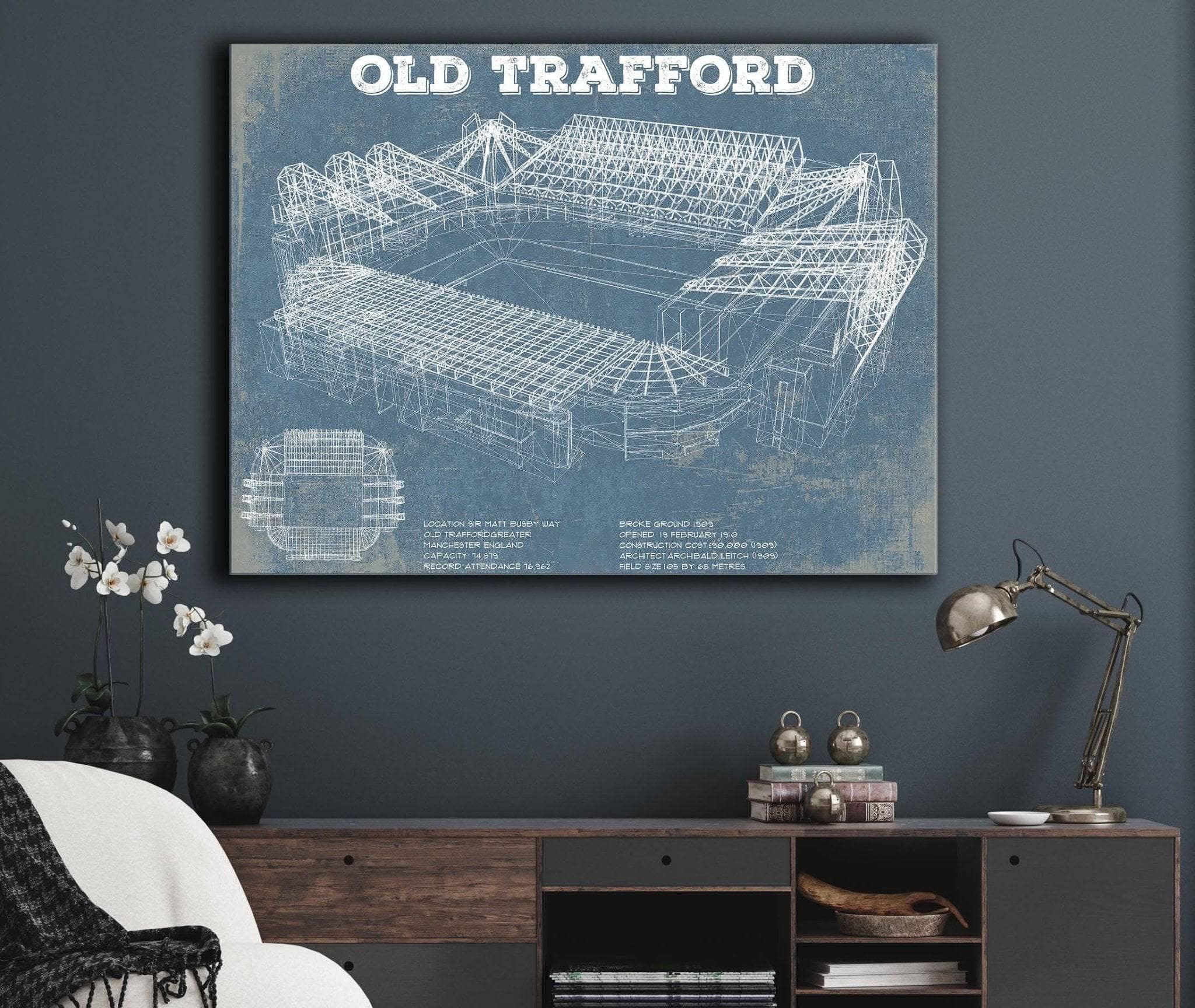 Old Trafford Stadium Blueprint Vintage Soccer Print