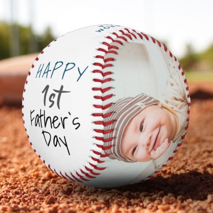 Cute 1st Father`s Day Pink Script 2 Photo Collage Baseball