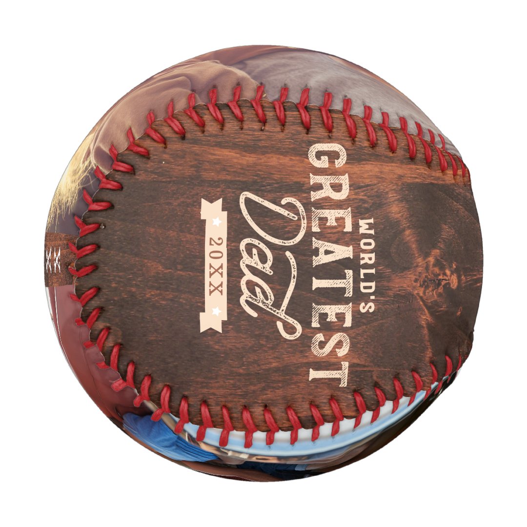 World's Greatest Dad Woodgrain Monogram & Photo Baseball