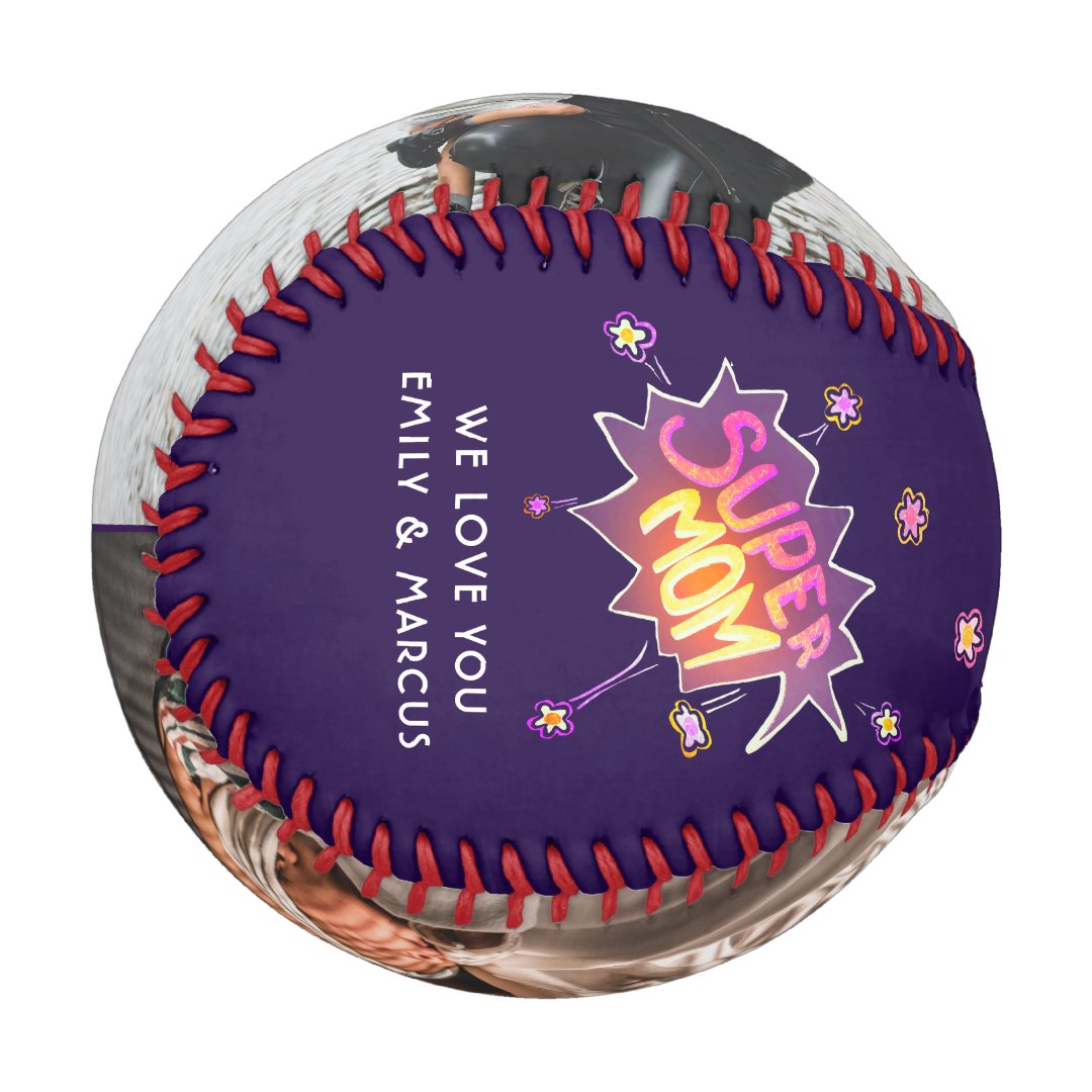 Super Mom Hand Lettering Purple Keepsake Photo Baseball