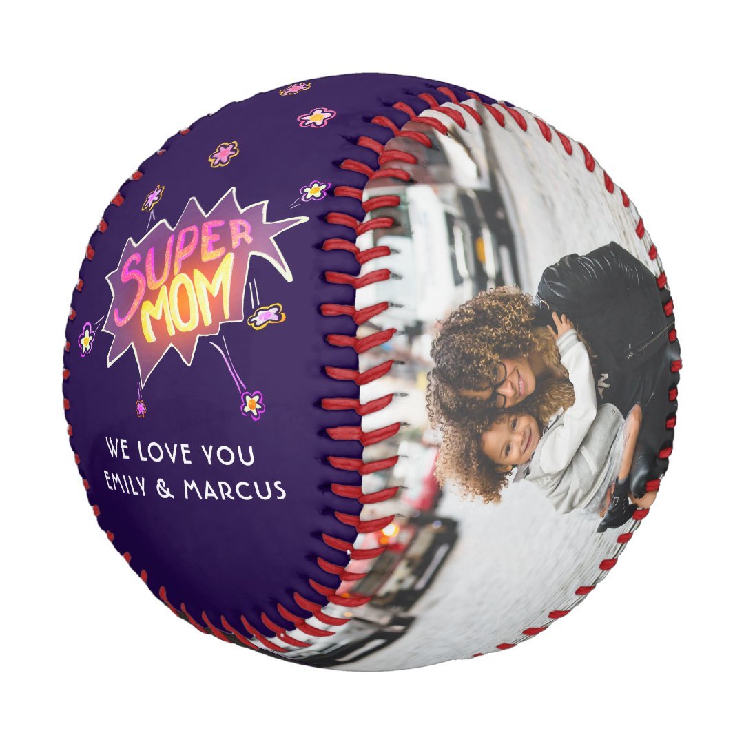 Super Mom Hand Lettering Purple Keepsake Photo Baseball