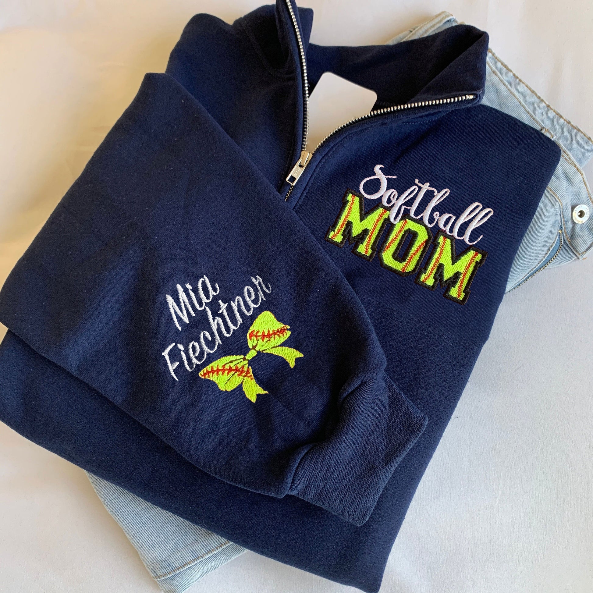 Custom Embroidered Softball Mom Sweatshirt With Kid Name On Sleeve