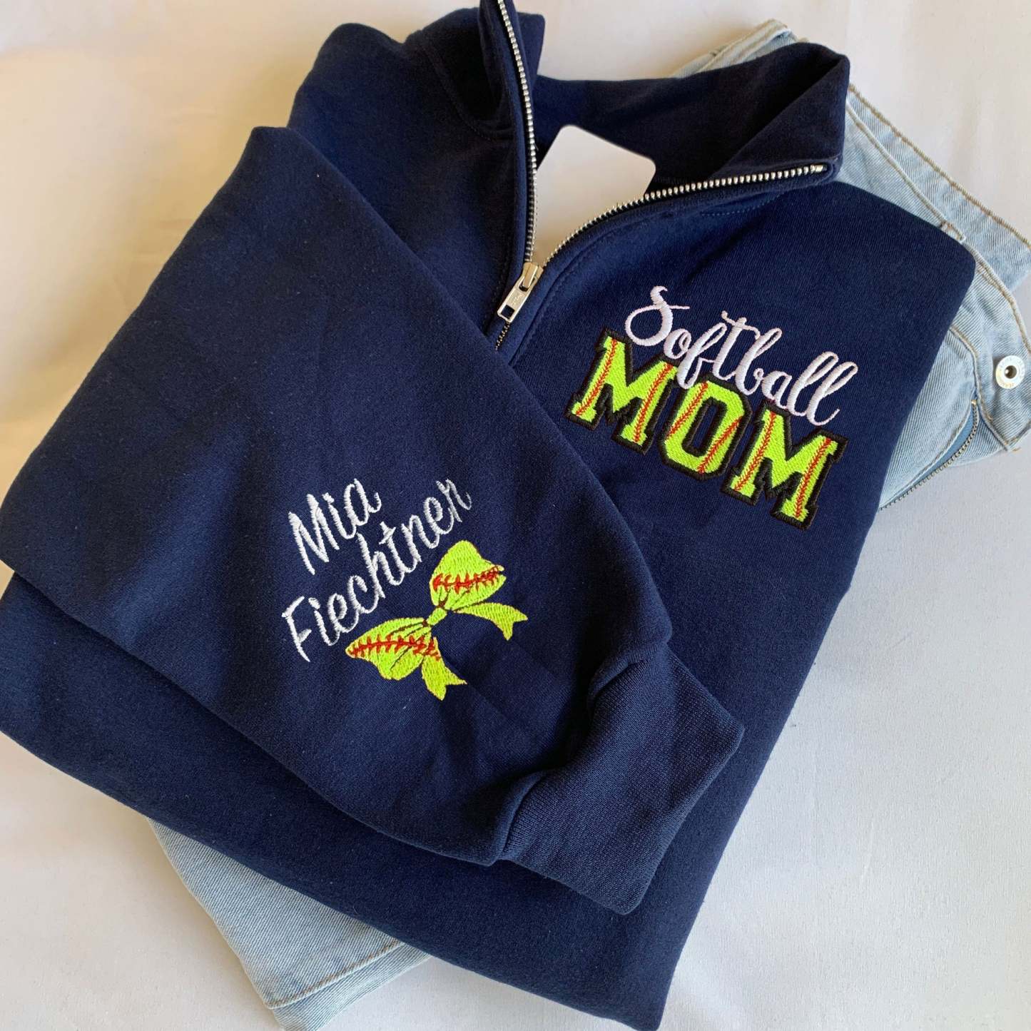 Custom Embroidered Softball Mom Sweatshirt With Kid Name On Sleeve