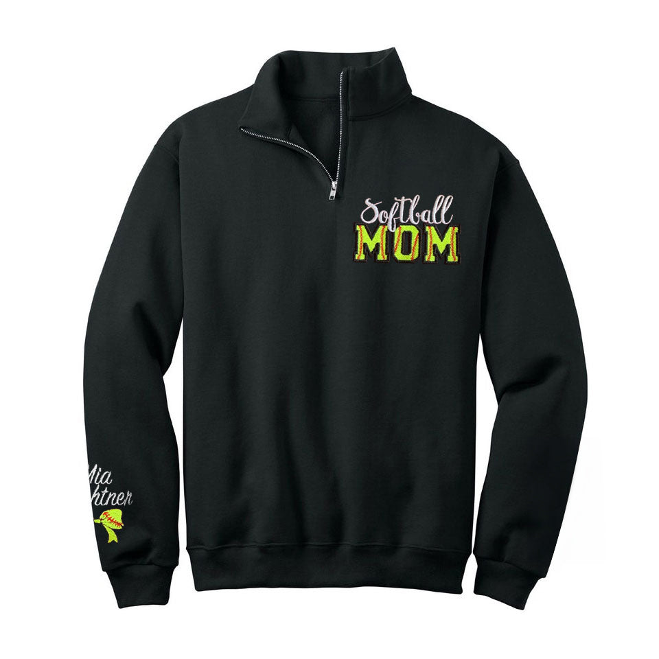 Custom Embroidered Softball Mom Sweatshirt With Kid Name On Sleeve