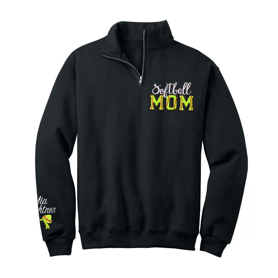 Custom Embroidered Softball Mom Sweatshirt With Kid Name On Sleeve
