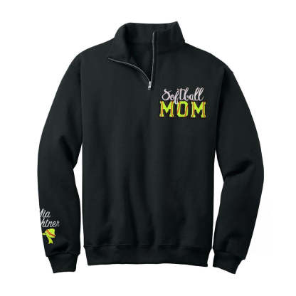 Custom Embroidered Softball Mom Sweatshirt With Kid Name On Sleeve