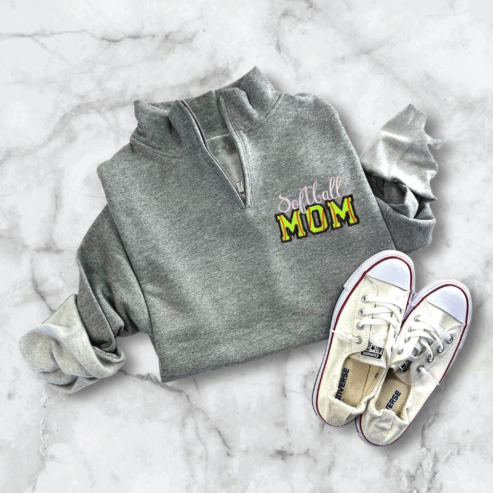 Custom Embroidered Softball Mom Sweatshirt With Kid Name On Sleeve