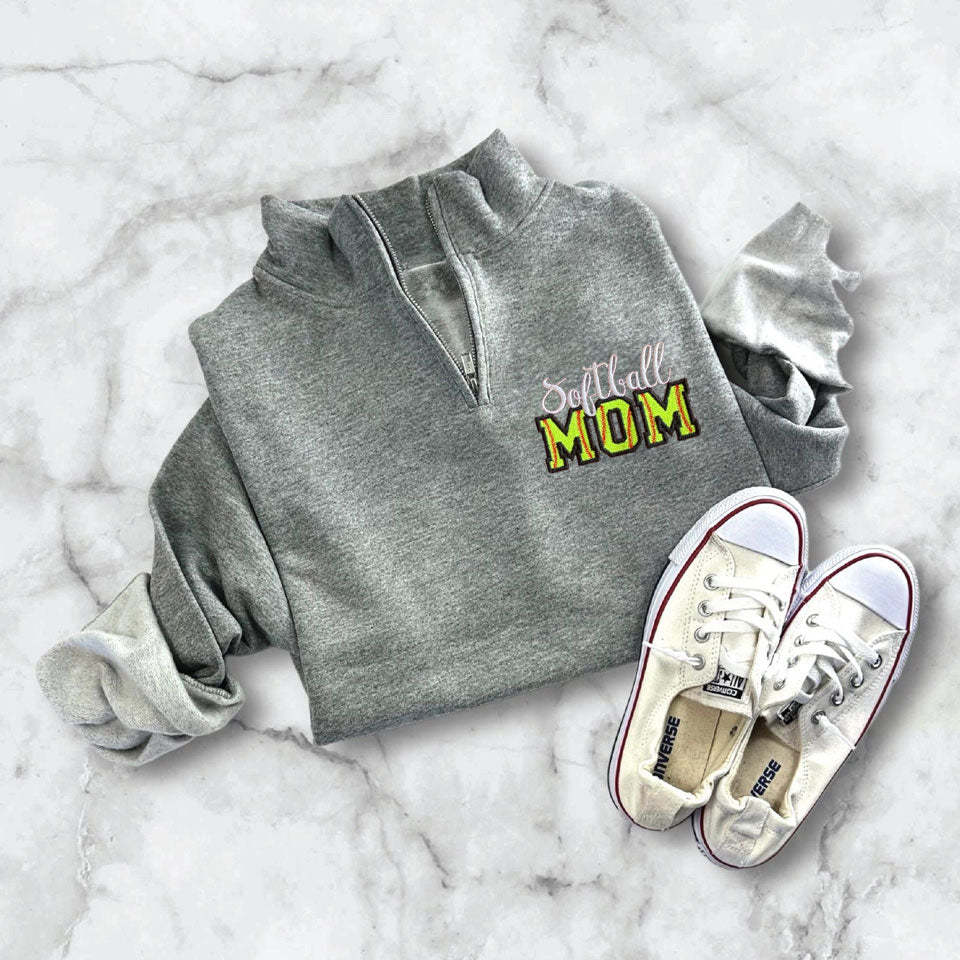 Custom Embroidered Softball Mom Sweatshirt With Kid Name On Sleeve