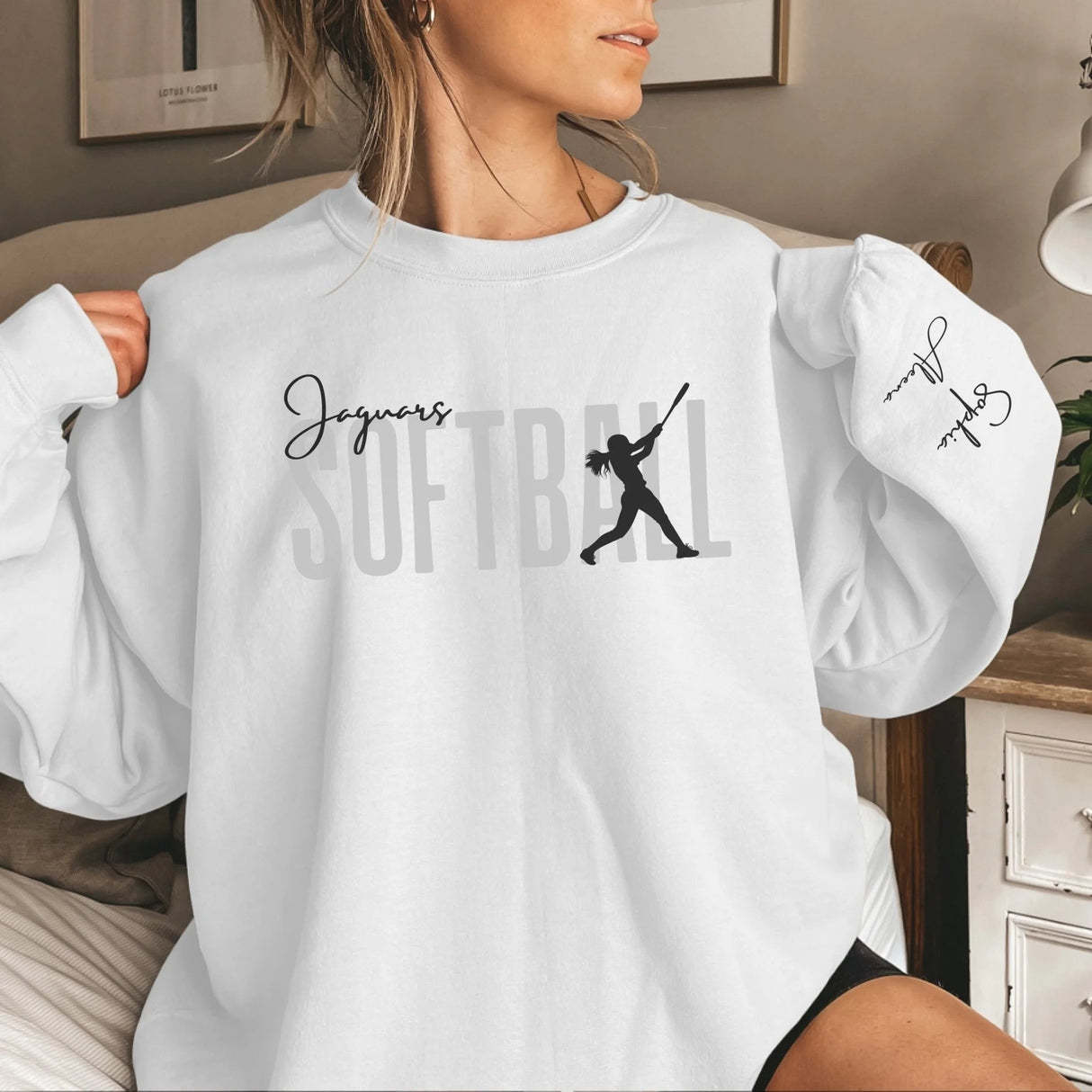 Personalized Softball Sweatshirt With Softball Player's Name Printed On The Sleeve