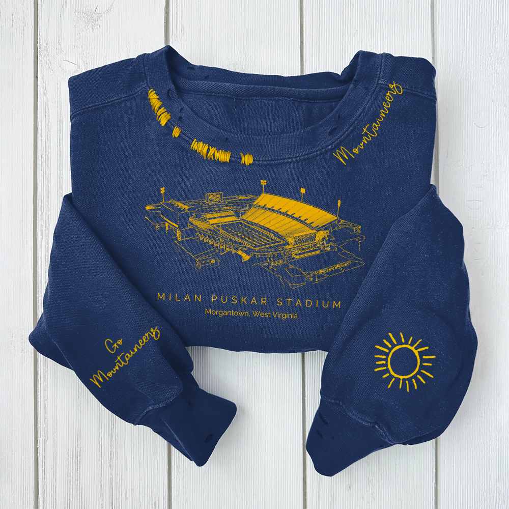 Milan Puskar Stadium-West Virginia Mountaineers Alumni Distressed Monogram Chain Stitch Sweatshirt-Vintage Class of 2025 Hoodie