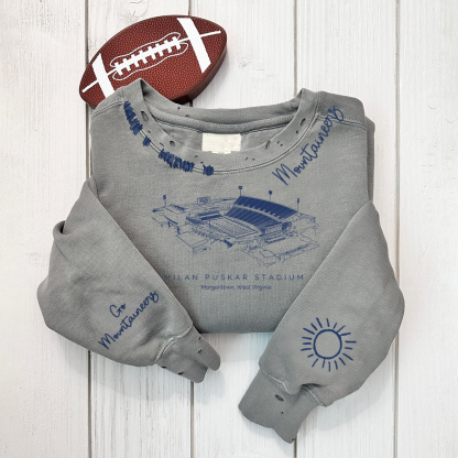 Milan Puskar Stadium-West Virginia Mountaineers Alumni Distressed Monogram Chain Stitch Sweatshirt-Vintage Class of 2025 Hoodie