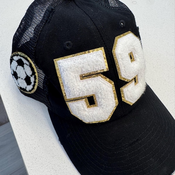 Soccer Mom Hat With Number Patch, Custom Varsity Game Day Sports Cap,Soccer Ball Desige