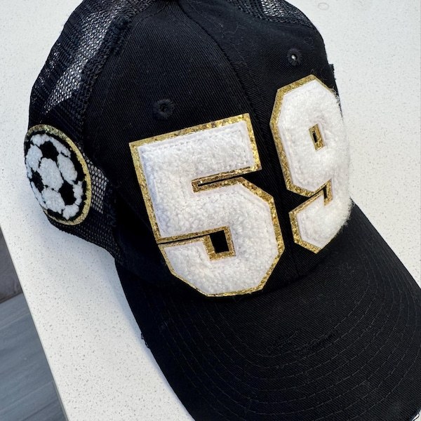 Soccer Mom Hat With Number Patch, Custom Varsity Game Day Sports Cap,Soccer Ball Desige