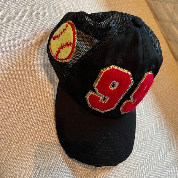 Softball Mom Hat With Number Patch, Custom Varsity Game Day Sports Cap,Soccer Ball Desige