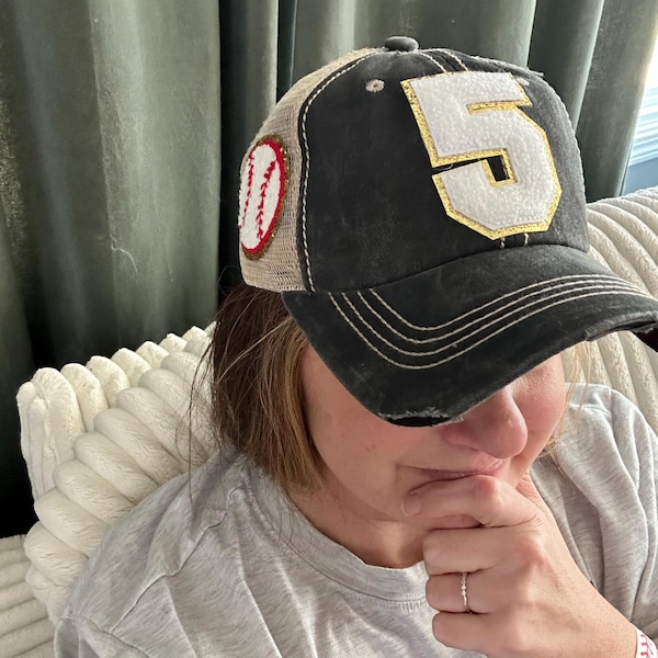 Baseball Mom Hat With Number Patch, Custom Varsity Game Day Sports Cap,Soccer Ball Desige