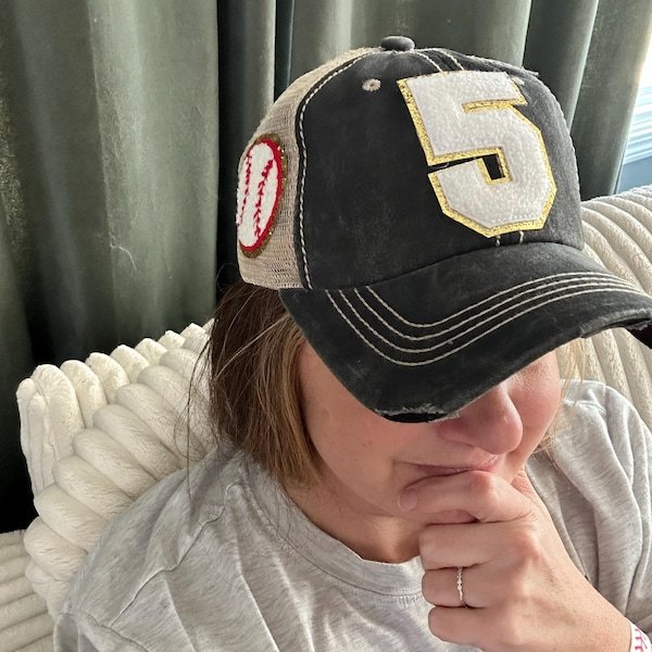 Baseball Mom Hat With Number Patch, Custom Varsity Game Day Sports Cap,Soccer Ball Desige