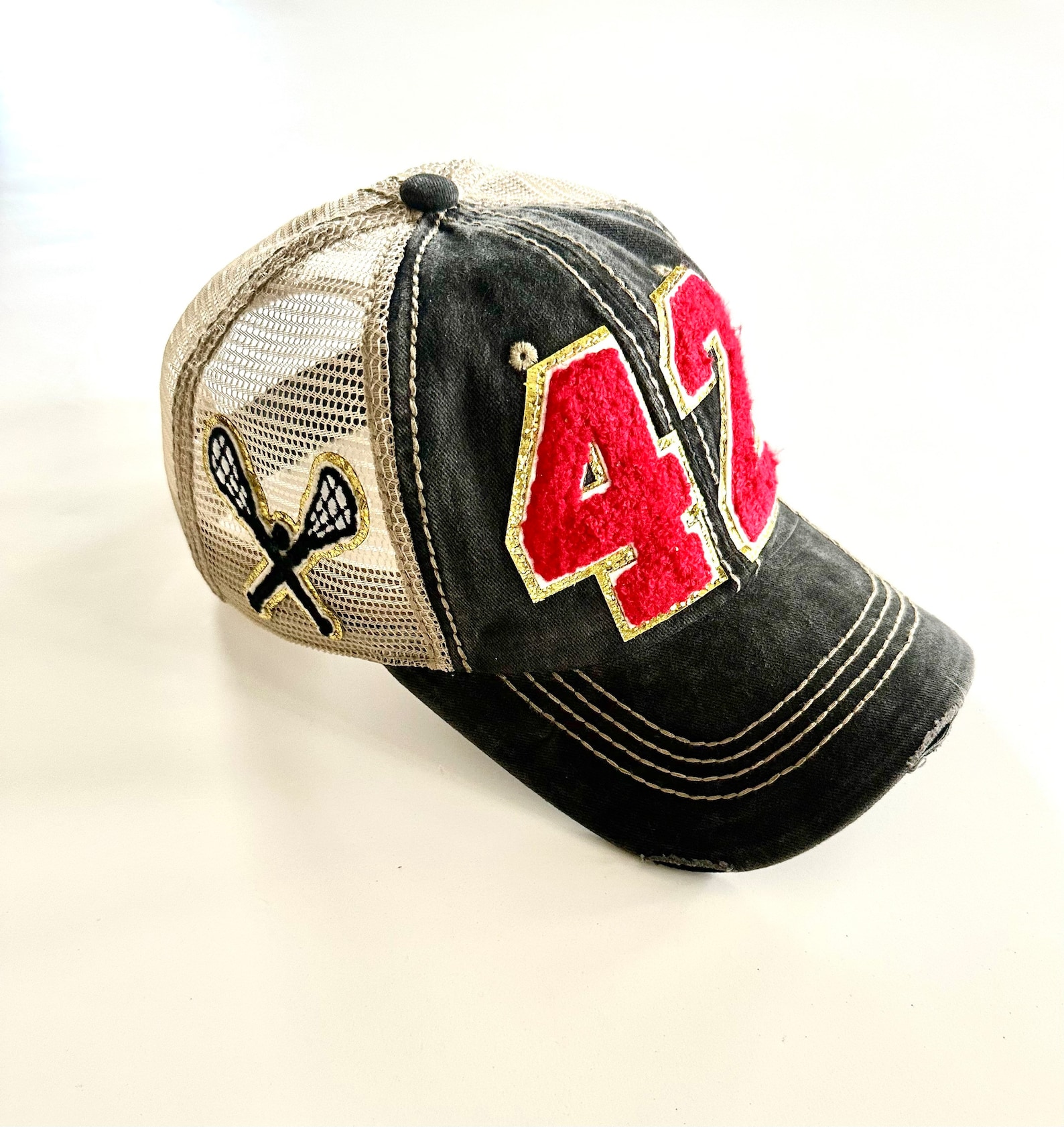 LaCrosse Mom Hat With Number Patch, Custom Varsity Game Day Sports Cap,Soccer Ball Desige