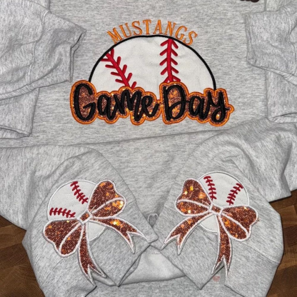 Personalized Baseball Game Day Sweatshirt with Side Bows Sequin Embroidery Pullover