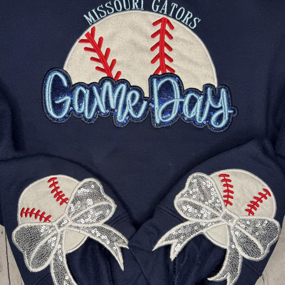 Personalized Baseball Game Day Sweatshirt with Side Bows Sequin Embroidery Pullover