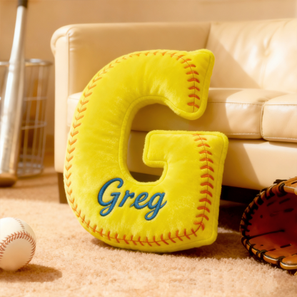 Personalized Softball Themed Letter Shaped Pillow With Custom Name