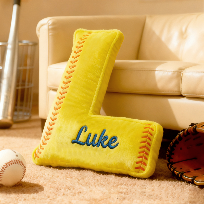 Personalized Softball Themed Letter Shaped Pillow With Custom Name