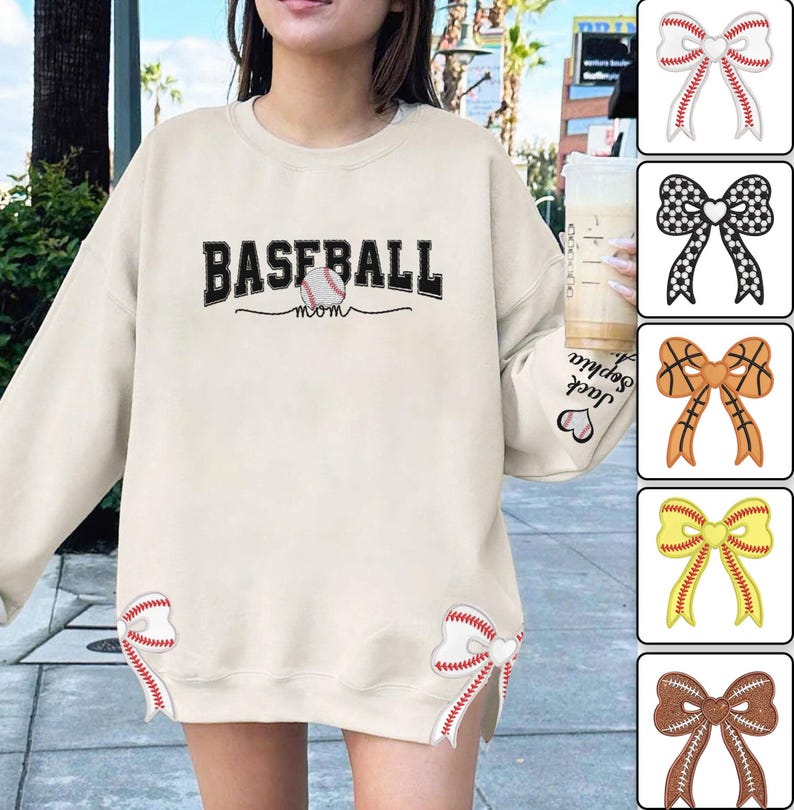 Custom Baseball Side Bow Cut-Out Sweatshirt, Plaid Baseball Pullover, Trendy Coquette Bow, Football Mom Embroidered Sweatshirt, Sport Gift