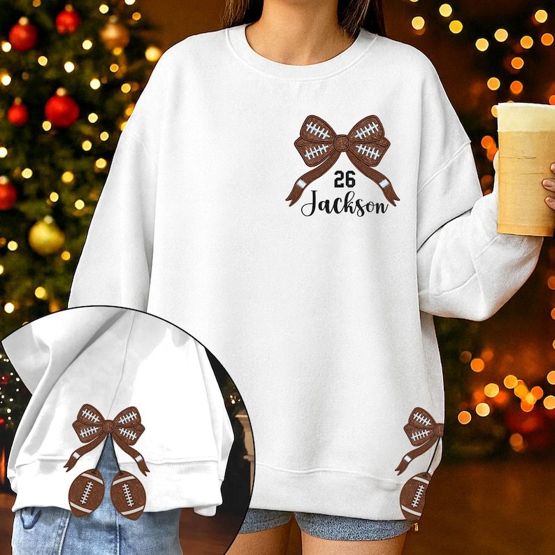 Personalized Football Side Bow Cut-Out Sweatshirt, Custom Name Number Sweatshirt, Football Mom Embroidered Sweatshirt, Football Coquette Bow