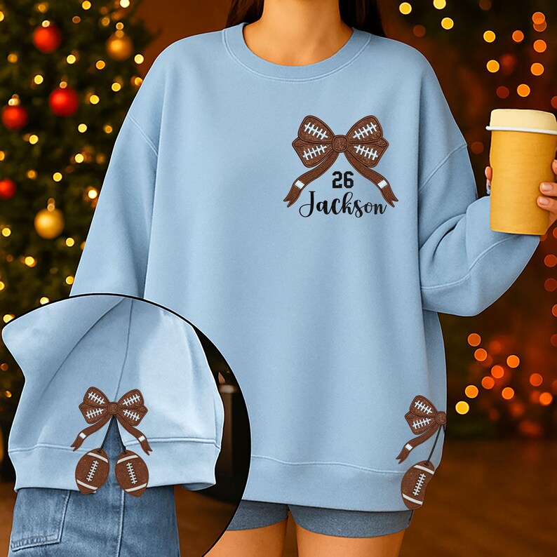 Personalized Football Side Bow Cut-Out Sweatshirt, Custom Name Number Sweatshirt, Football Mom Embroidered Sweatshirt, Football Coquette Bow