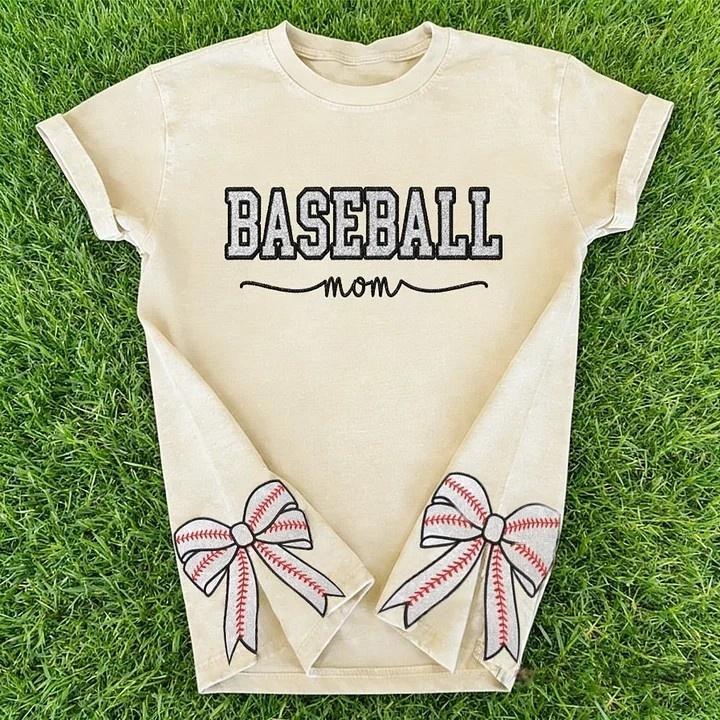 Baseball Mom Dad Glitter Embroidered Washed T-shirt with Side Bow