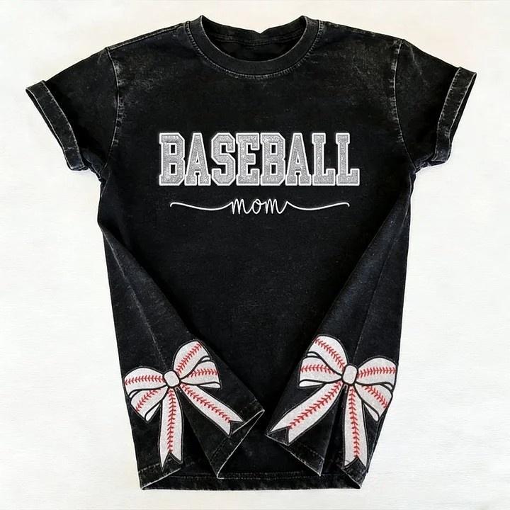 Baseball Mom Dad Glitter Embroidered Washed T-shirt with Side Bow