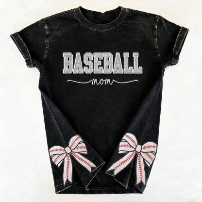 Baseball Mom Dad Glitter Embroidered Washed T-shirt with Side Bow