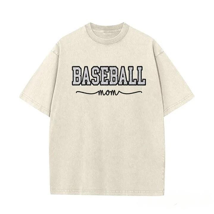 Baseball Mom Dad Glitter Embroidered Washed T-shirt with Side Bow