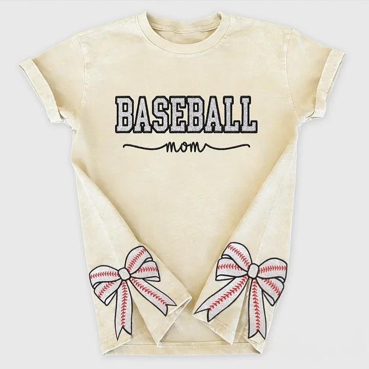 Baseball Mom Dad Glitter Embroidered Washed T-shirt with Side Bow