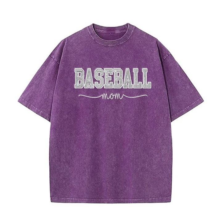 Baseball Mom Dad Glitter Embroidered Washed T-shirt with Side Bow