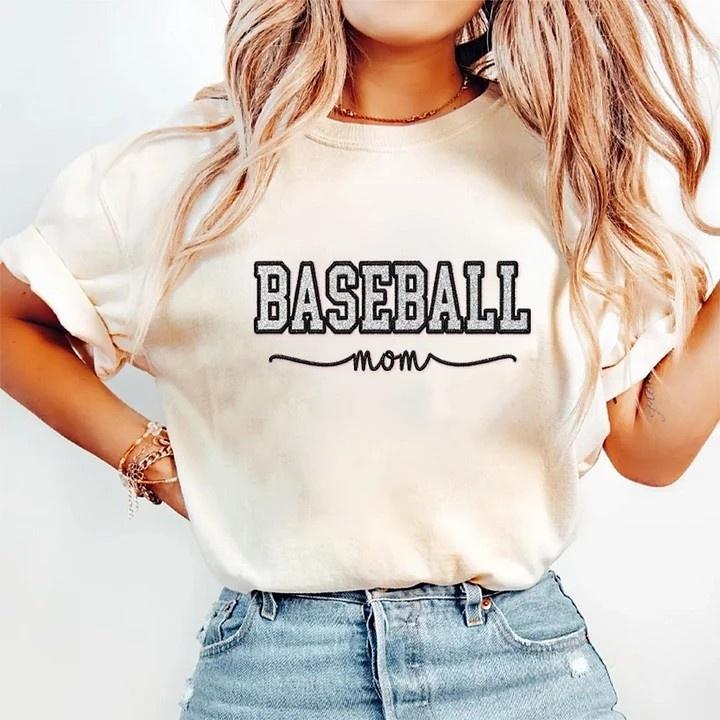 Baseball Mom Dad Glitter Embroidered Washed T-shirt with Side Bow