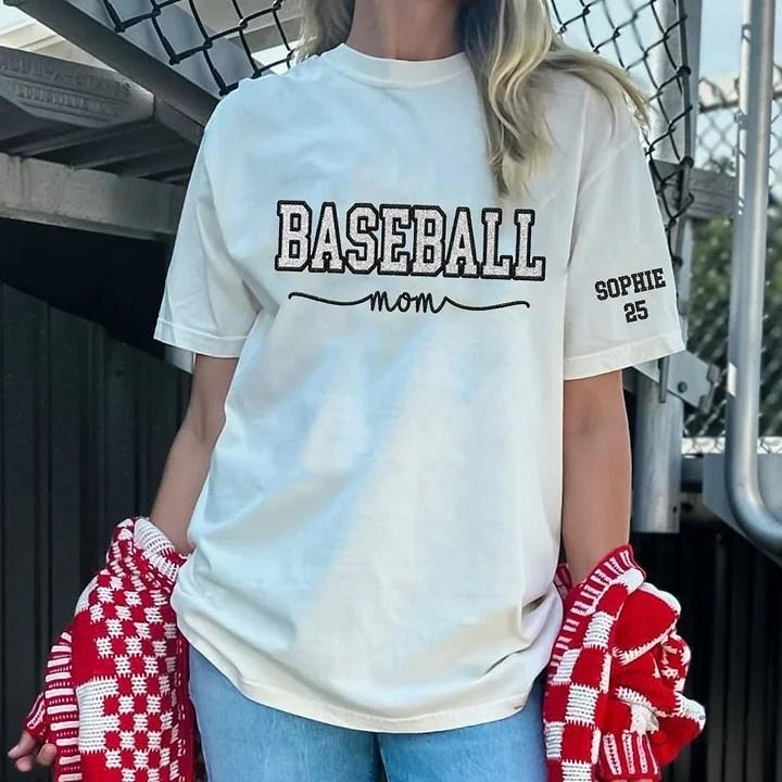Baseball Mom Dad Glitter Embroidered Washed T-shirt with Side Bow